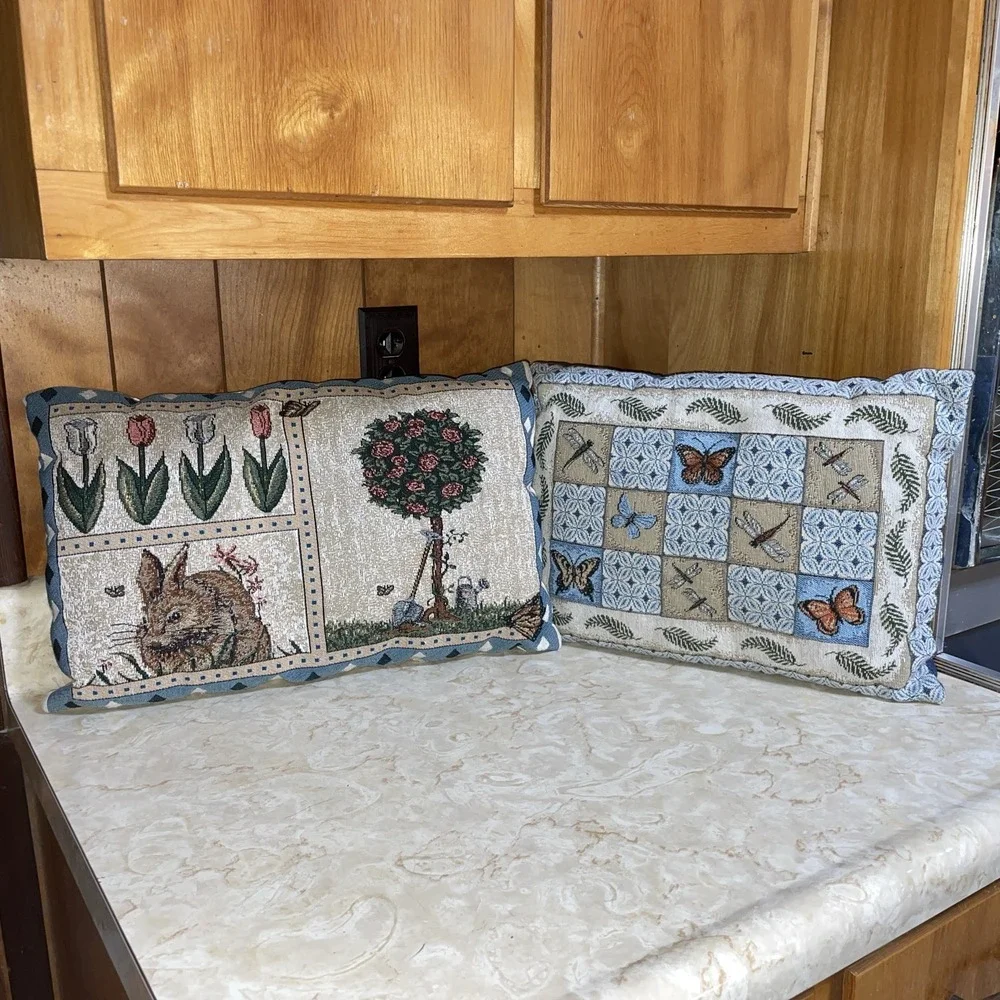 Two Small‎ Tapestry Pillows Nature Rabbit Rose Tree Tulip Butterfly Dragonfly